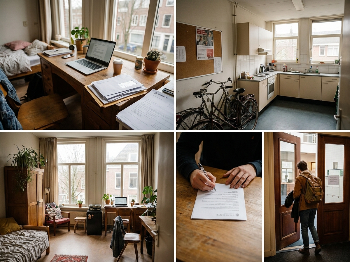 Student met laptop en huurcontract aan een bureau op een studentenkamer