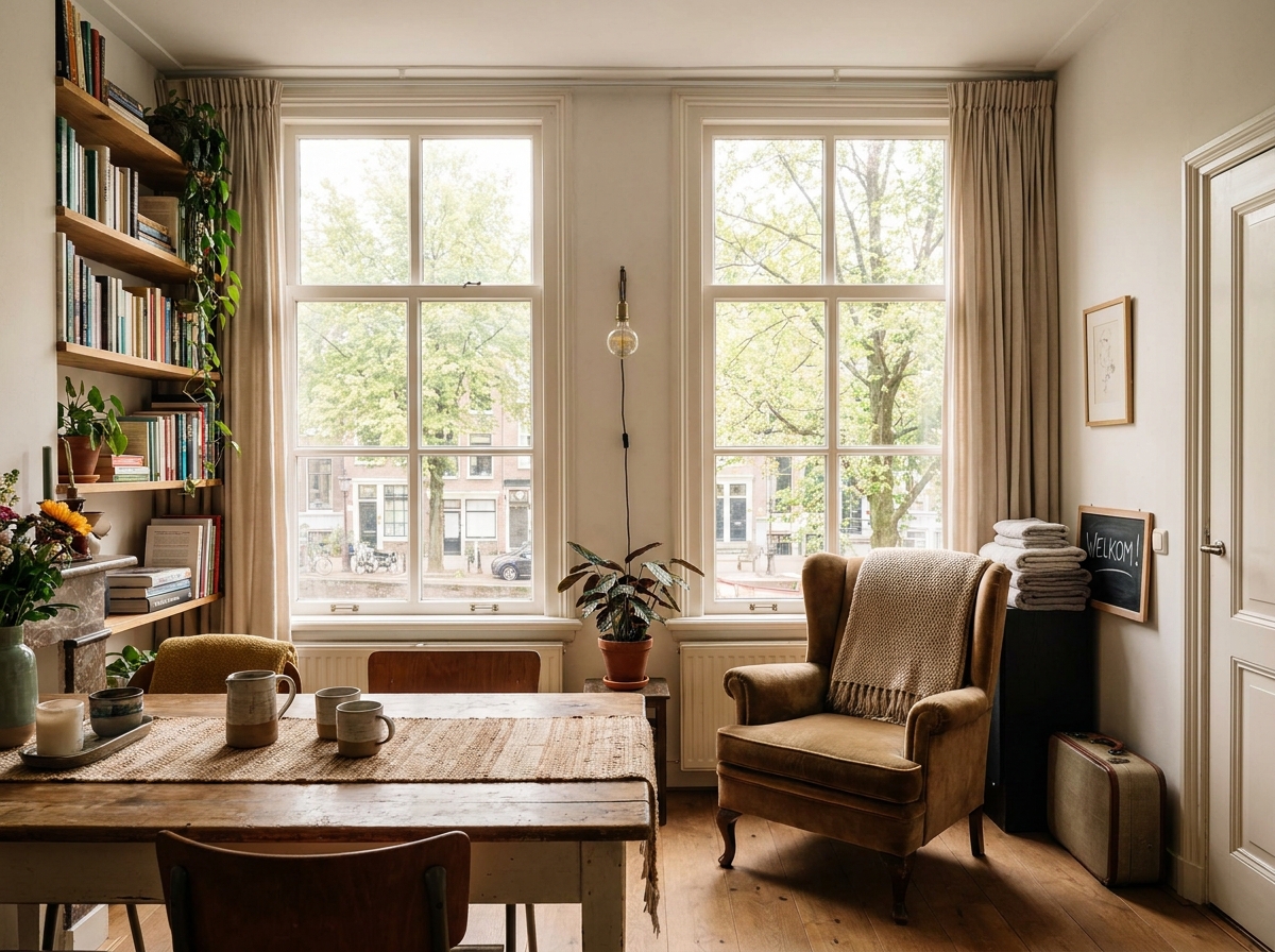 Lege studentenkamer met een ingepakte koffer naast het bed en een leeg bureau bij het raam